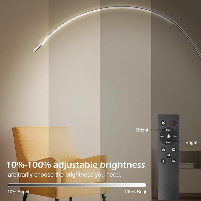 LED Arc Floor Lamp for Living Room,70.8" Tall Modern Standing Lamp with Remote Control,3 Color Temperature & Stepless Dimmable Brightness, Reading Floor Lamp for Bedroom Office Home - LeafyLoom