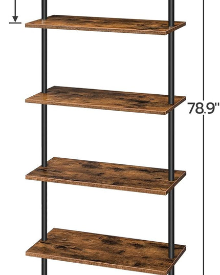 HOOBRO DIY Ladder Shelf, 6-Tier Wall Mounted Bookshelf, Office Vertical Bookcase, Wooden Storage Shelves for Home Office, Bedroom, Rustic Brown and Black BF65CJ01 - LeafyLoom