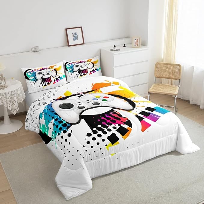 Kids Gaming Comforter Set King Gamer Bedding Set, Modern Console Game Controller Duvet Set for Boys Girls Teens, White Gamepad Quilt Set, Tie Dye Colorful Comforter Set Grey White Soft Bedding Set - LeafyLoom