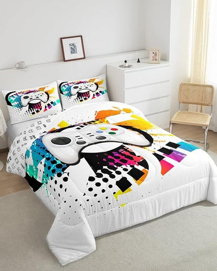 Kids Gaming Comforter Set Queen Gamer Bedding Set, Modern Console Game Controller Duvet Set For Boys Girls Teens, White Gamepad Quilt Set, Tie Dye Colorful Comforter Set Grey White Soft Bedding Set - LeafyLoom