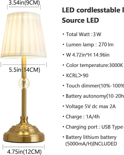 LED Cordless Table Lamps Rechargeable 5000mAh Battery Operated Powered Lighting Small Table lamp,Portable Fabric Shade Bronze Table Lamps,Touch Lamp Dimmable for Bedroom/Bedside/Living Room - LeafyLoom