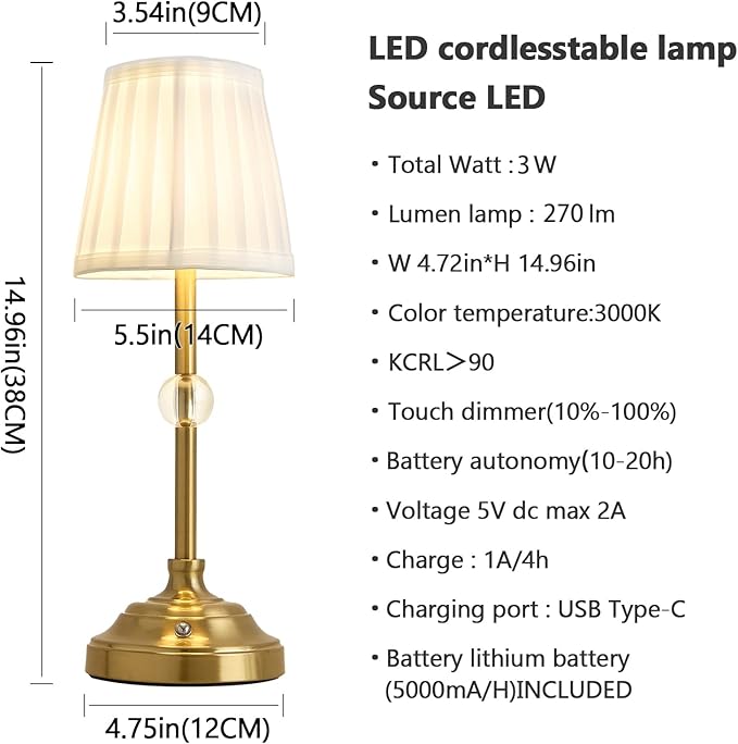 LED Cordless Table Lamps Rechargeable 5000mAh Battery Operated Powered Lighting Small Table lamp,Portable Fabric Shade Bronze Table Lamps,Touch Lamp Dimmable for Bedroom/Bedside/Living Room - LeafyLoom