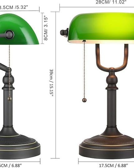 Newrays Antique Green Glass Bankers Desk Lamp with Pull Chain Switch Plug in Fixture - LeafyLoom