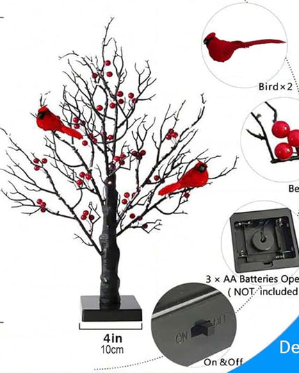21in Black Birch Tree with 60 Led Lights, Twinkle Tree Lamp with Lighted Branches, Fairy Light Spirit Tree with 2 Red Birds for Room Decor, Easter, Halloween, Thanksgiving, Christmas, New Year, etc. - LeafyLoom