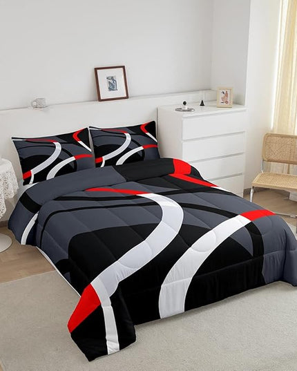 Geometric Circle Comforter Set Red Grey and Black Comforter for Kids Boys Girls Teens Geometry Bedding Set Breathable Abstract Art Duvet Set Modern Luxury Room Decor Quilt Set Full Size - LeafyLoom