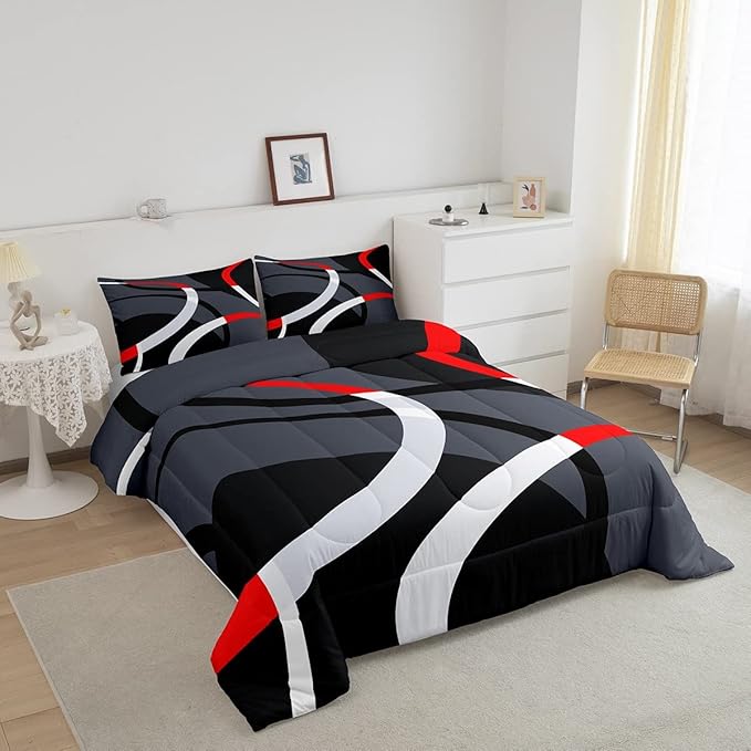 Geometric Circle Comforter Set Red Grey and Black Comforter for Kids Boys Girls Teens Geometry Bedding Set Breathable Abstract Art Duvet Set Modern Luxury Room Decor Quilt Set Full Size - LeafyLoom