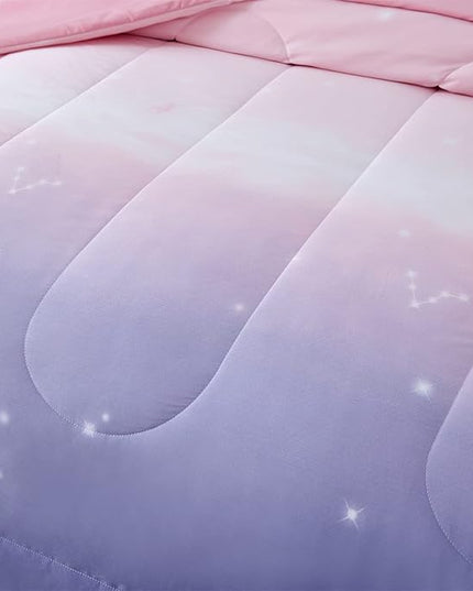 Dinjoy Girls Women Comforter Set King Size Ombre Pink Purple Rainbow Bedding Set 7 Pieces Bed in A Bag for Teen Adult (1 Comforter, 1 Flat Sheet, 1 Fitted Sheet, Pillow shams & Pillowcases) - LeafyLoom