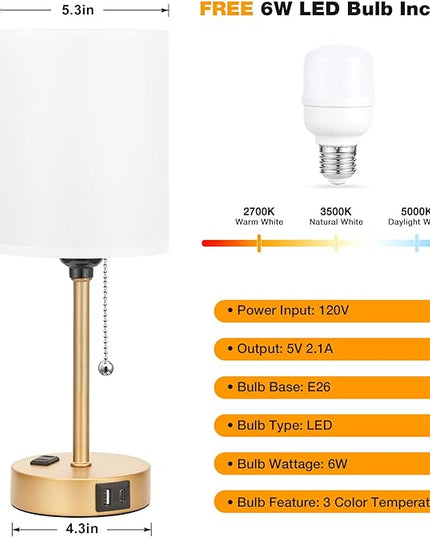Dicoool Small Bedside Lamps 3 Color Modes - 2700K 3500K 5000K Bedroom Lamps with USB C and A Ports, Pull Chain Gold Table Lamps with AC Outlet, Nightstand Lamps with Gold Metal Base for Kids Reading - LeafyLoom