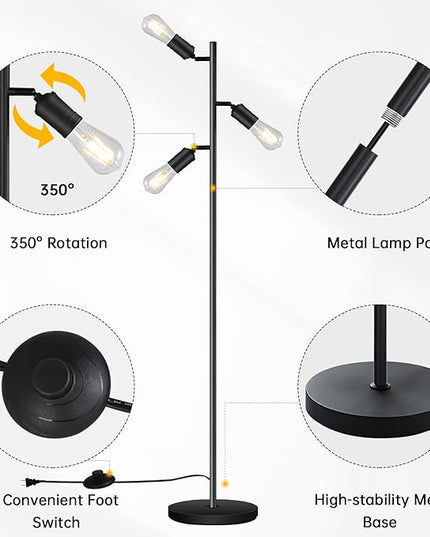 Industrial Floor Lamp, Standing Lamp, Tree Floor Lamp with 3 Adjustable Rotating Lights, E26 Edison Bulb Floor Lamp for Living Room, Bedroom, Home, Office(Bulb not Included) (Black) - LeafyLoom