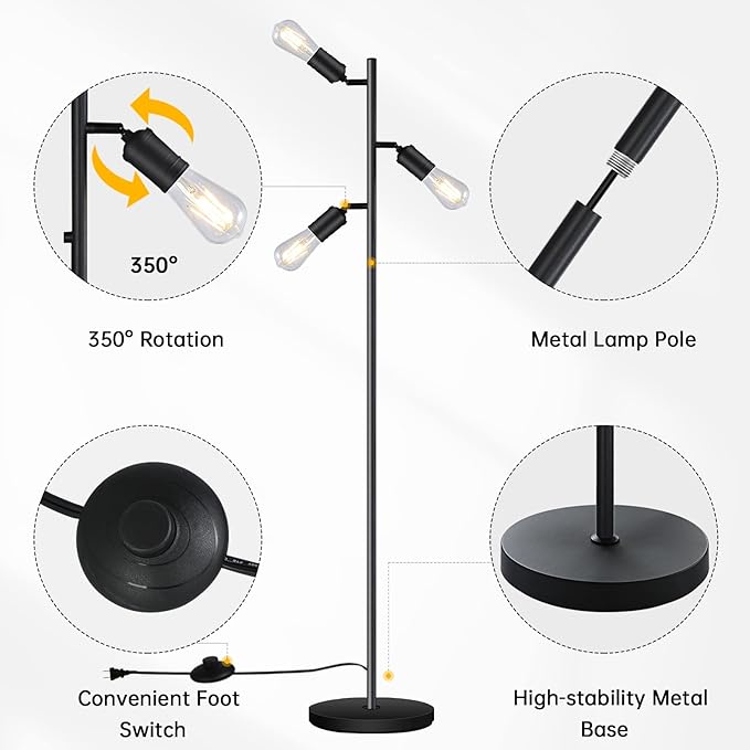 Industrial Floor Lamp, Standing Lamp, Tree Floor Lamp with 3 Adjustable Rotating Lights, E26 Edison Bulb Floor Lamp for Living Room, Bedroom, Home, Office(Bulb not Included) (Black) - LeafyLoom