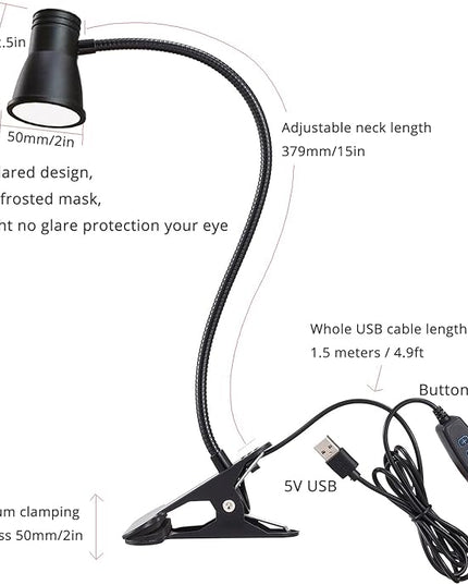 3W 5V USB Portable LED Clip Desk Table Headboard Lamp 3 Colors Changeable Dimmable Adjustable 15" Arm for Reading Working Drawing (15" Clip Light Horn Style) - LeafyLoom