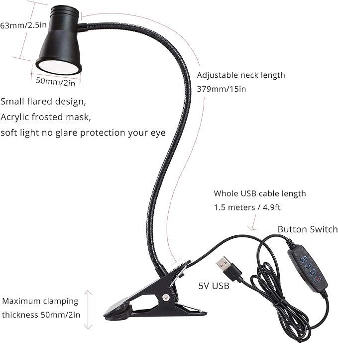 3W 5V USB Portable LED Clip Desk Table Headboard Lamp 3 Colors Changeable Dimmable Adjustable 15" Arm for Reading Working Drawing (15" Clip Light Horn Style) - LeafyLoom