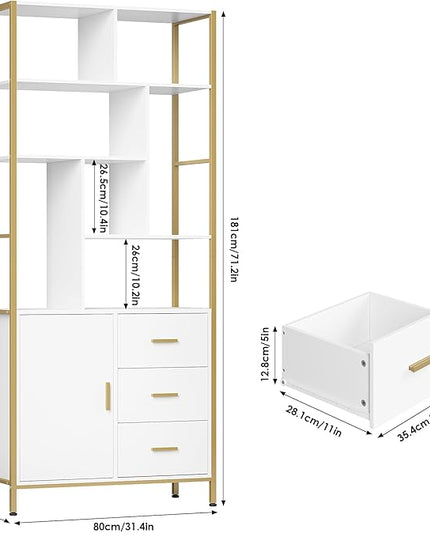 71.2 Inch Tall Bookshelf, Bookcase with door and 3 Drawers, Floor Standing Display Storage Shelves for Home Office, Living Room - LeafyLoom