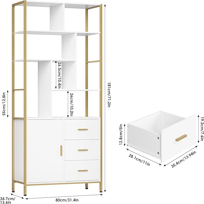 71.2 Inch Tall Bookshelf, Bookcase with door and 3 Drawers, Floor Standing Display Storage Shelves for Home Office, Living Room - LeafyLoom