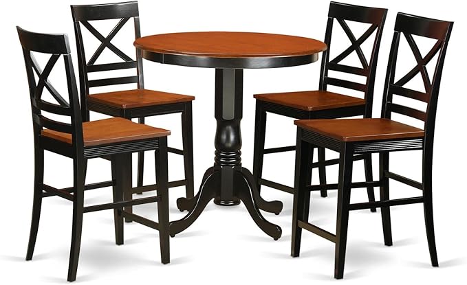 East West Furniture JAQU5-BLK-W 5 Piece Counter Height Dining Table Set Includes a Round Kitchen Table with Pedestal and 4 Dining Room Chairs, 36x36 Inch, Black & Cherry - LeafyLoom