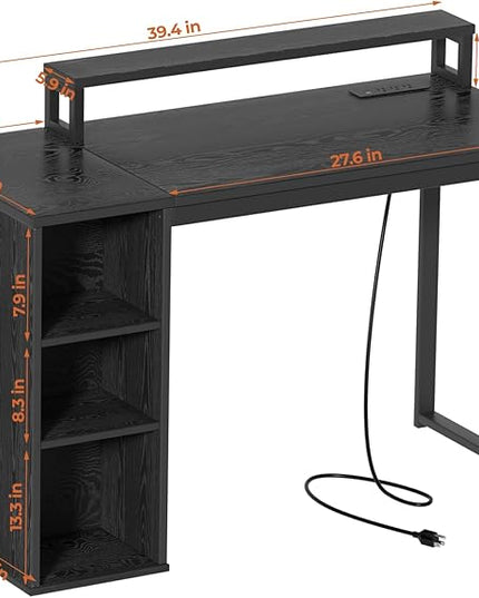 Small Computer Desk with LED Lights 39.4 inch Gaming Desk with Power Outlets and Storage Shelves, Home Office Desk with Monitor Stand for Bedroom, Workstation, Black - LeafyLoom