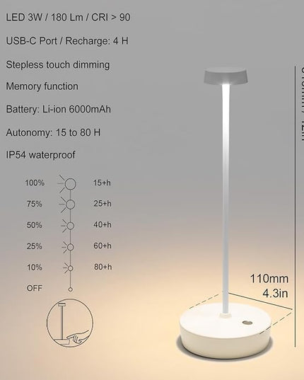 2 Pack Cordless Table Lamp Rechargeable Outdoor Waterproof Portable Battery Operated LED Table Light - for Home Restaurant Desk Bar Patio Kitchen Dinning Party (White) - LeafyLoom