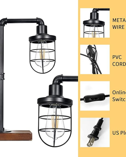 CONCA Steampunk Table Lamp, Industrial Table Lamp, E26 Base Rustic Edison Lighting, Caged Wood Base Iron Tube Table Lamp (B-Black) - LeafyLoom