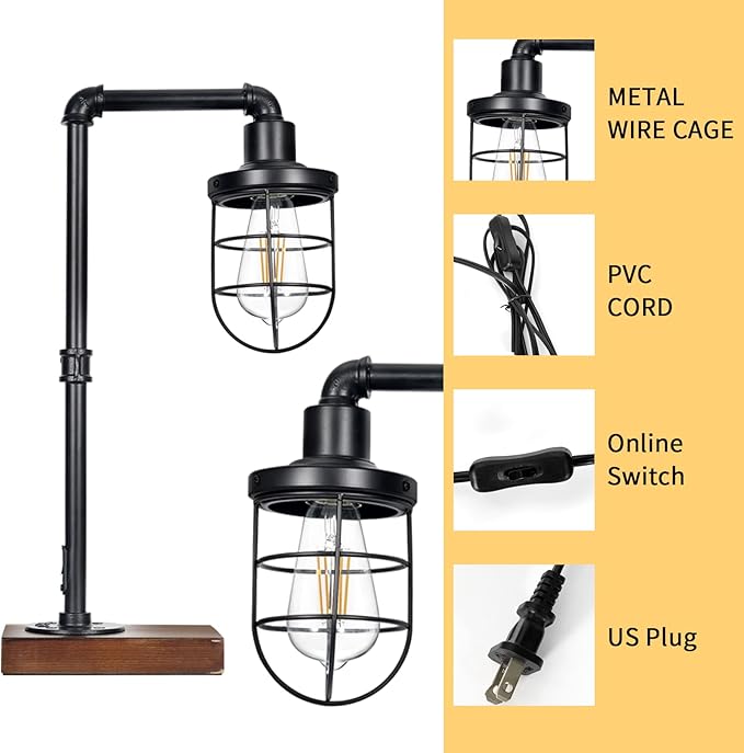 CONCA Steampunk Table Lamp, Industrial Table Lamp, E26 Base Rustic Edison Lighting, Caged Wood Base Iron Tube Table Lamp (B-Black) - LeafyLoom