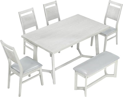 Dining Table Set for 6, 6-Piece Dining Table and Chair Set with 4 Upholstered Chairs and Bench, Dining Room Table Set for Living Room, Dining Room, Light Grey - LeafyLoom