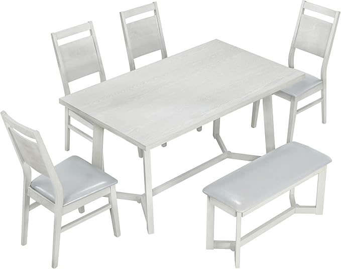 Dining Table Set for 6, 6-Piece Dining Table and Chair Set with 4 Upholstered Chairs and Bench, Dining Room Table Set for Living Room, Dining Room, Light Grey - LeafyLoom