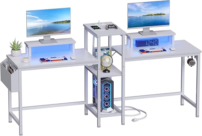 Furologee White 71" Gaming Desk with LED Lights, Long 2 Person Computer Desk with Printer Shelf and Monitor Stand, Double Office Desk with Cloth Bag and Hooks for Home Office (NO Power Outlets) - LeafyLoom
