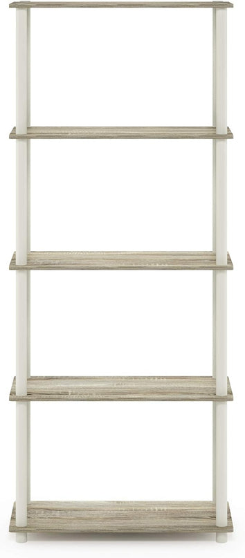 Furinno Turn-N-Tube 5-Tier Multipurpose Shelf / Display Rack / Storage Shelf / Bookshelf, Round Tubes, Sonoma Oak/White - LeafyLoom
