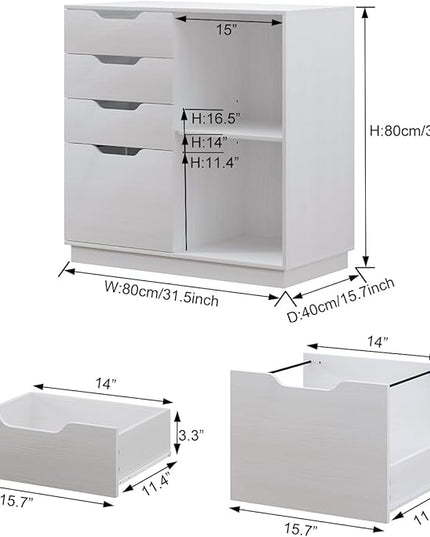4 Drawers Lateral File Cabinets, Wood Filing Cabinet, Printer Stand with Open Storage Shelves for Home Office, 6 Compartments, White - LeafyLoom