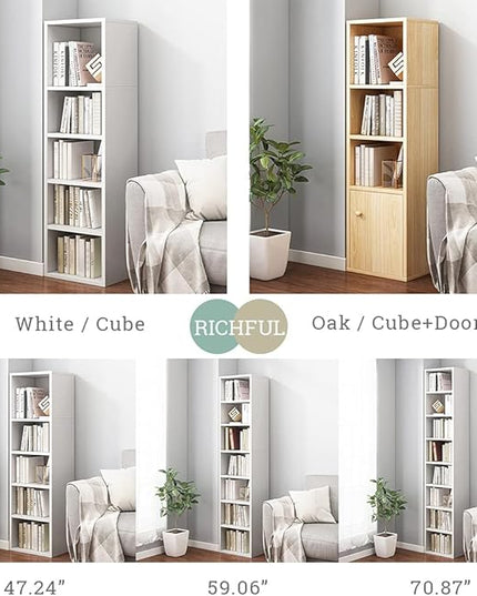 IOTXY Small Narrow Corner Bookcase - 59 Inches Tall Gap Freestanding Storage Cabinet, 7 Lattices Open Shelves Tower Rack, Cubes Bookshelf in White - LeafyLoom
