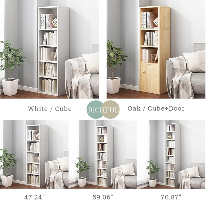 IOTXY Small Narrow Corner Bookcase - 59 Inches Tall Gap Freestanding Storage Cabinet, 7 Lattices Open Shelves Tower Rack, Cubes Bookshelf in White - LeafyLoom