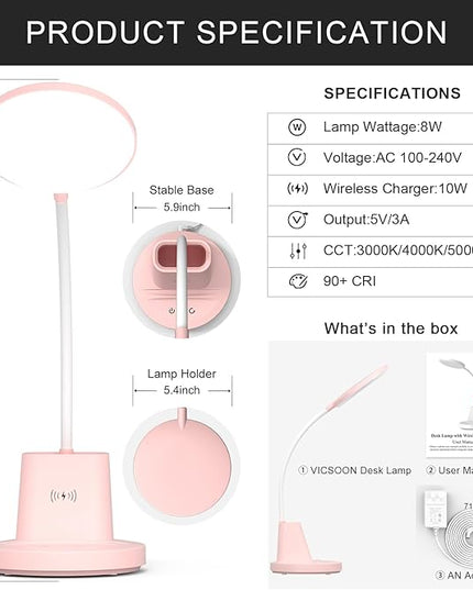 LED Desk Lamp with Wireless Charger for Home Office, Small with Pen Holder, 800LM,3 Color Modes,Gooseneck, Eye-Caring White Desk Lamps for Home College Dorm Room,Pink - LeafyLoom