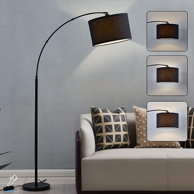 Arc floor lamps for living room, Dimmable Floor Lamp with Adjustable Head, Black Finish Modern Floor Lamp, Over Couch Tall Standing Hanging Light for Reading, Bedroom, Office, 8W LED Bulb Include - LeafyLoom