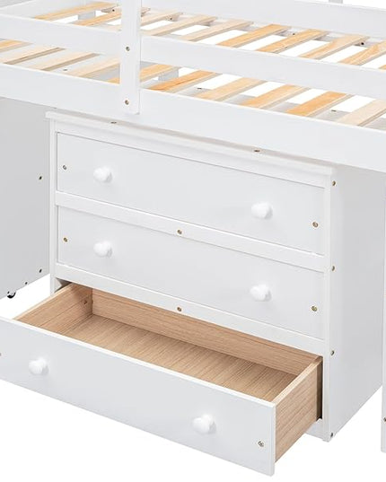 Loft Bed Frame, Twin Size Low Loft Bed with Storage Stairs, Shelves, Retractable Writing Desk and 3 Drawers, Wooden Twin Lofbed Frame for Kids Boys Girls Bedroom, Space-Saving Design, White - LeafyLoom