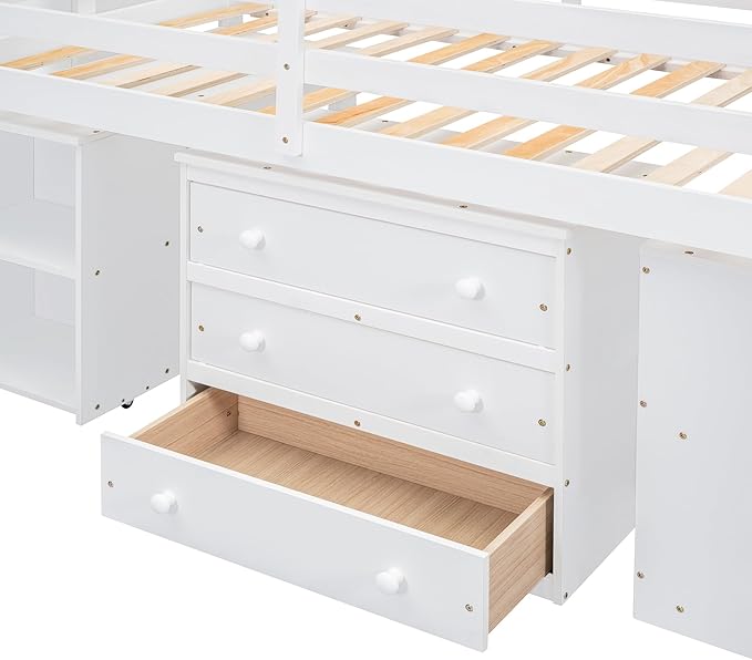 Loft Bed Frame, Twin Size Low Loft Bed with Storage Stairs, Shelves, Retractable Writing Desk and 3 Drawers, Wooden Twin Lofbed Frame for Kids Boys Girls Bedroom, Space-Saving Design, White - LeafyLoom