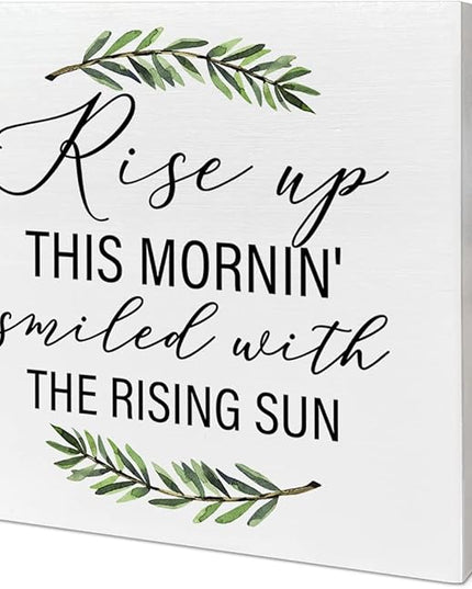 Home Office Desk Wooden Box Sign Decor, Rise Up This Mornin' Smiled with The Rising Sun, Inspirational Quotes Desk Decor Motivational Desk Decorations for Women Men Student Office Classroom School - LeafyLoom