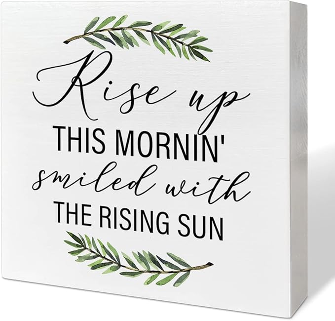 Home Office Desk Wooden Box Sign Decor, Rise Up This Mornin' Smiled with The Rising Sun, Inspirational Quotes Desk Decor Motivational Desk Decorations for Women Men Student Office Classroom School - LeafyLoom