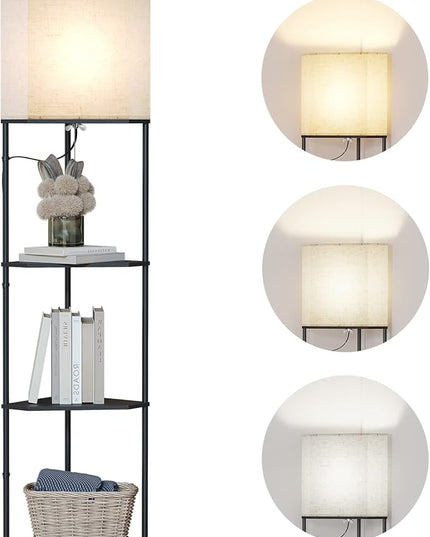 SUNMORY Sector corner shelf lamp 3 color temperatures LED Bulb,corner lamp with linen lampshade, floor lamps for living room, bedroom, study，black corner lamp with shelves - LeafyLoom