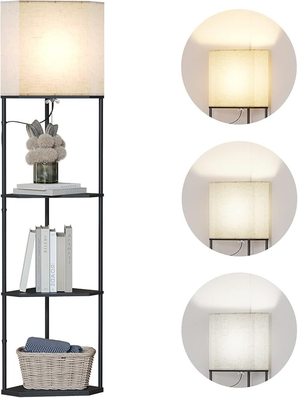 SUNMORY Sector corner shelf lamp 3 color temperatures LED Bulb,corner lamp with linen lampshade, floor lamps for living room, bedroom, study，black corner lamp with shelves - LeafyLoom