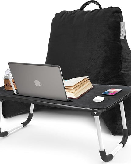 Clara Clark Reading Pillow with Portable Lap Desk for laptop Set, Back Pillow for Sitting Up in Bed, Memory Foam Back Support Pillow, Bed Rest Pillow with Foldable Laptop Desk, Standard - Black - LeafyLoom