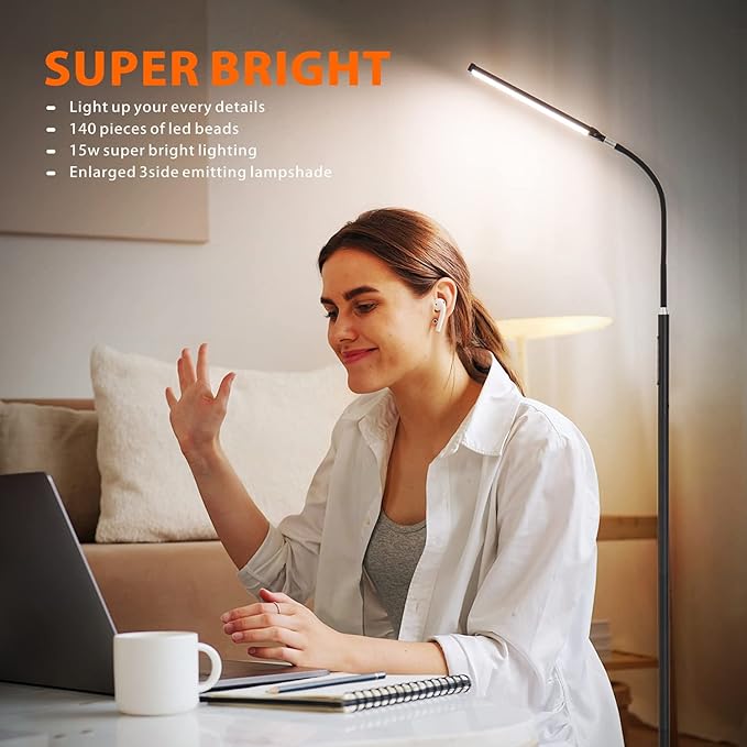 LED Floor Lamp with Remote Touch Control,Dimmable 15W Pole Lamps for Living Room,70'' Adjustable Height Standing Reading Light with 10 Brightness/5 Timer/3 Colors for Lash Tatto Esthetician - LeafyLoom