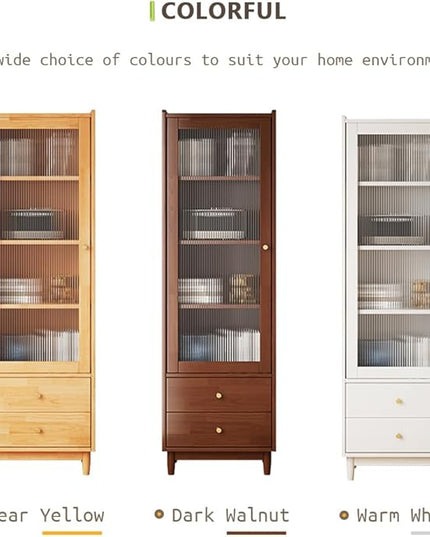 Wooden Glass Door Bookcase - 4-Tier Cube Bookshelf Storage Cabinet with Double Drawer and Adjustable Shelf, Solid Wood Legs Cupboard in Pear Yellow - LeafyLoom