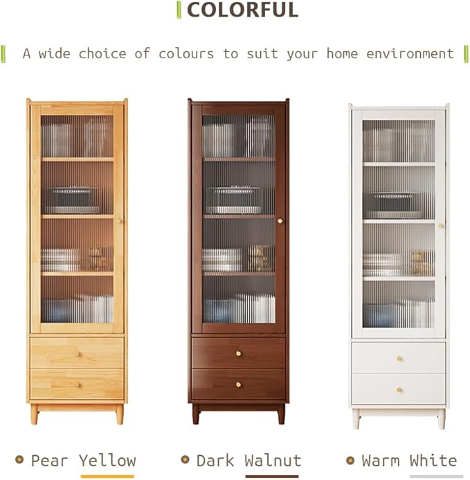 Wooden Glass Door Bookcase - 4-Tier Cube Bookshelf Storage Cabinet with Double Drawer and Adjustable Shelf, Solid Wood Legs Cupboard in Pear Yellow - LeafyLoom