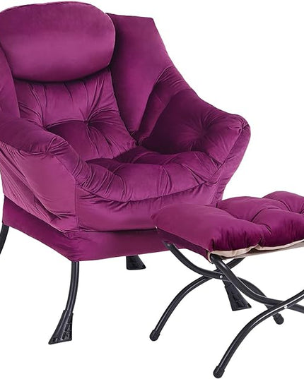 Lazy Chair and Ottoman, Large Accent Lounge Chair with Armrests and a Side Pocket, Modern Leisure Upholstered Sofa Reading Armchair with Footrest for Bedroom, Living Room, Dorm Rooms, Office - LeafyLoom