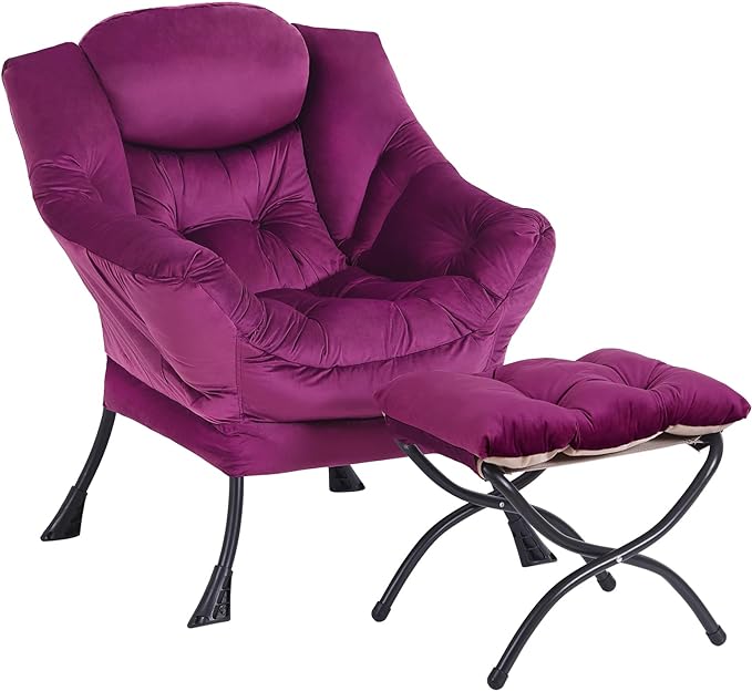 Lazy Chair and Ottoman, Large Accent Lounge Chair with Armrests and a Side Pocket, Modern Leisure Upholstered Sofa Reading Armchair with Footrest for Bedroom, Living Room, Dorm Rooms, Office - LeafyLoom