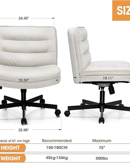 COMHOMA Criss Cross Chair with Wheels, Armless Wide Cross Legged Office Chair Mid Back, Modern Home Office Desk Chair Swivel Adjustable Vanity Computer Chair, Beige - LeafyLoom