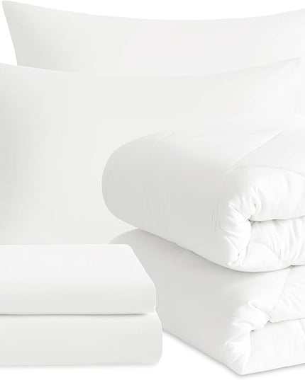 NTBAY Twin Comforter Set with Sheets, 5 Pieces Soft and Breathable Twin Bedding Set, Twin Bed in a Bag, Down Alternative Comforter Set Solid Color All Season, Kids Bedding Set, White - LeafyLoom