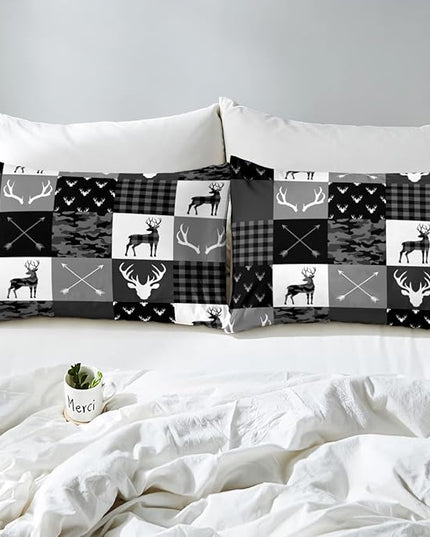 Deer Antler Silhouette Kids Comforter Set Full Size,Geometric Plaids Arrows Boho Bedding Set,Wild Animals Hunting Rustic Adventure Comforter,Camo Black Grey Quilt Set for Boys Girls Room Decor - LeafyLoom