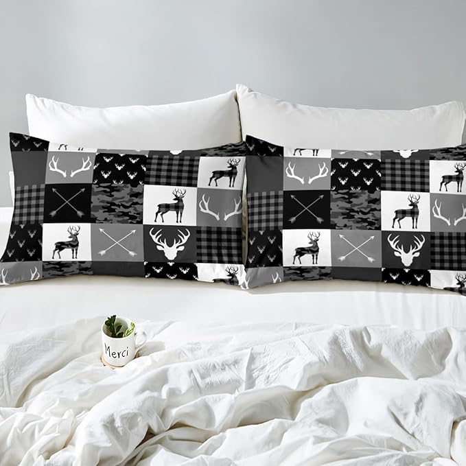 Deer Antler Silhouette Kids Comforter Set Full Size,Geometric Plaids Arrows Boho Bedding Set,Wild Animals Hunting Rustic Adventure Comforter,Camo Black Grey Quilt Set for Boys Girls Room Decor - LeafyLoom