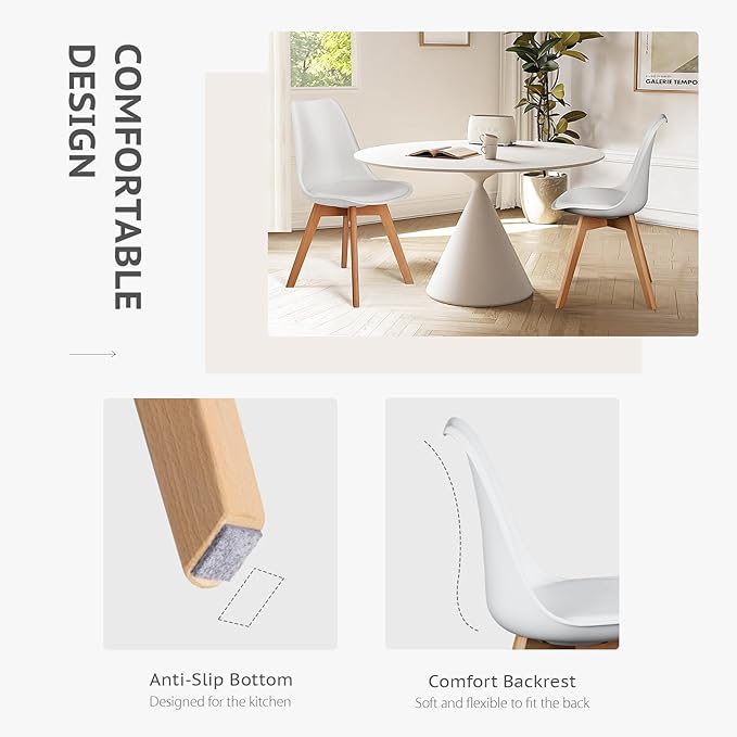 Sweetrcrispy Dining Chairs, Dining Chairs Set of 4, Dining Room Chairs, Kitchen Chairs, Mid Century Modern Chairs, PU Leather Upholstered Chairs with Wood Legs, Kitchen & Dining Room Chairs, White - LeafyLoom