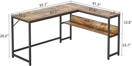 CubiCubi L Shaped Desk, 55.1 inch Corner Computer Desk with Storage Shelves, Home Office Desk with Bookshelf for Writing Gaming Study, Rustic Brown - LeafyLoom
